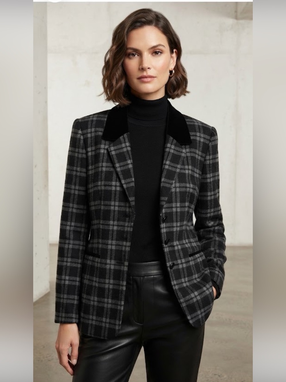 Vintage Kasper ASL plaid black gray blazer with velvet collar